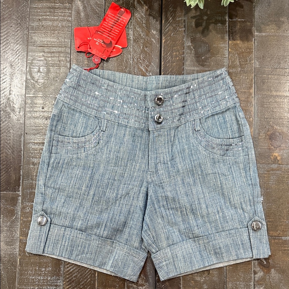 City Milan Sequin Embellished Chambray Tailored Shorts - Blue Size 27